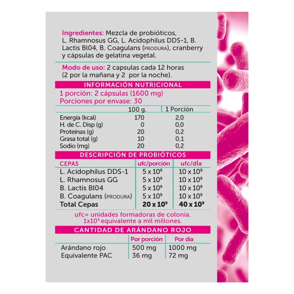 Probiótico Mujer Cranberry 40 Billones 120 cápsulas