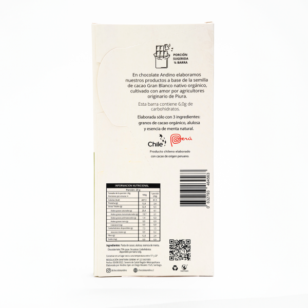 Barra Chocolate Menta Keto 75% Cacao - Chocolate Andino