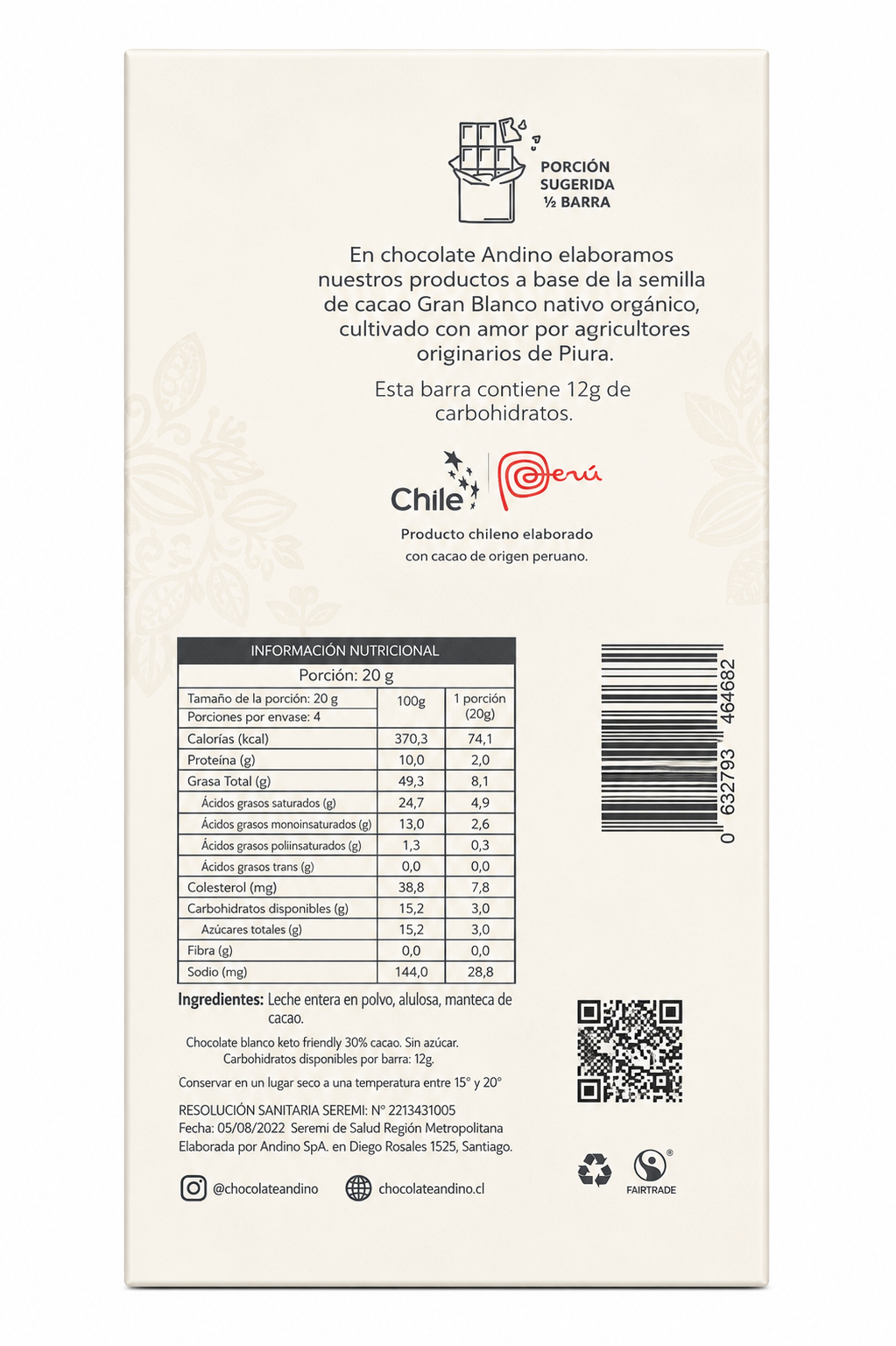 Barra Chocolate Blanco keto sin azúcar 80 grs