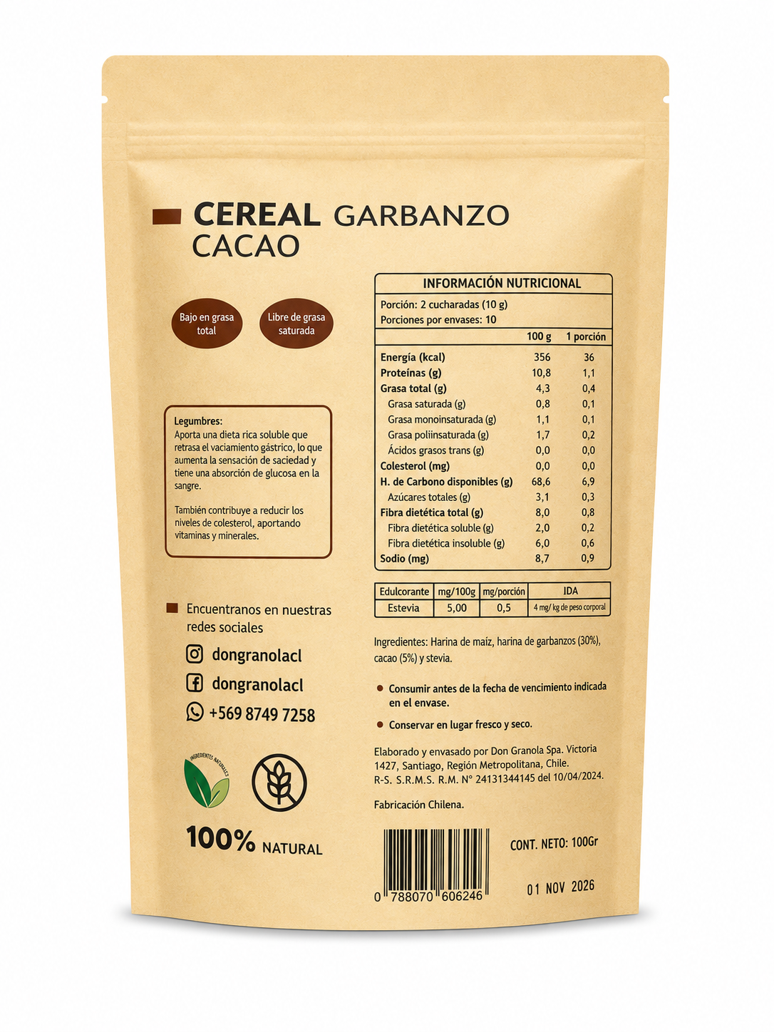 Cereal de Garbanzo y Cacao 100 grs