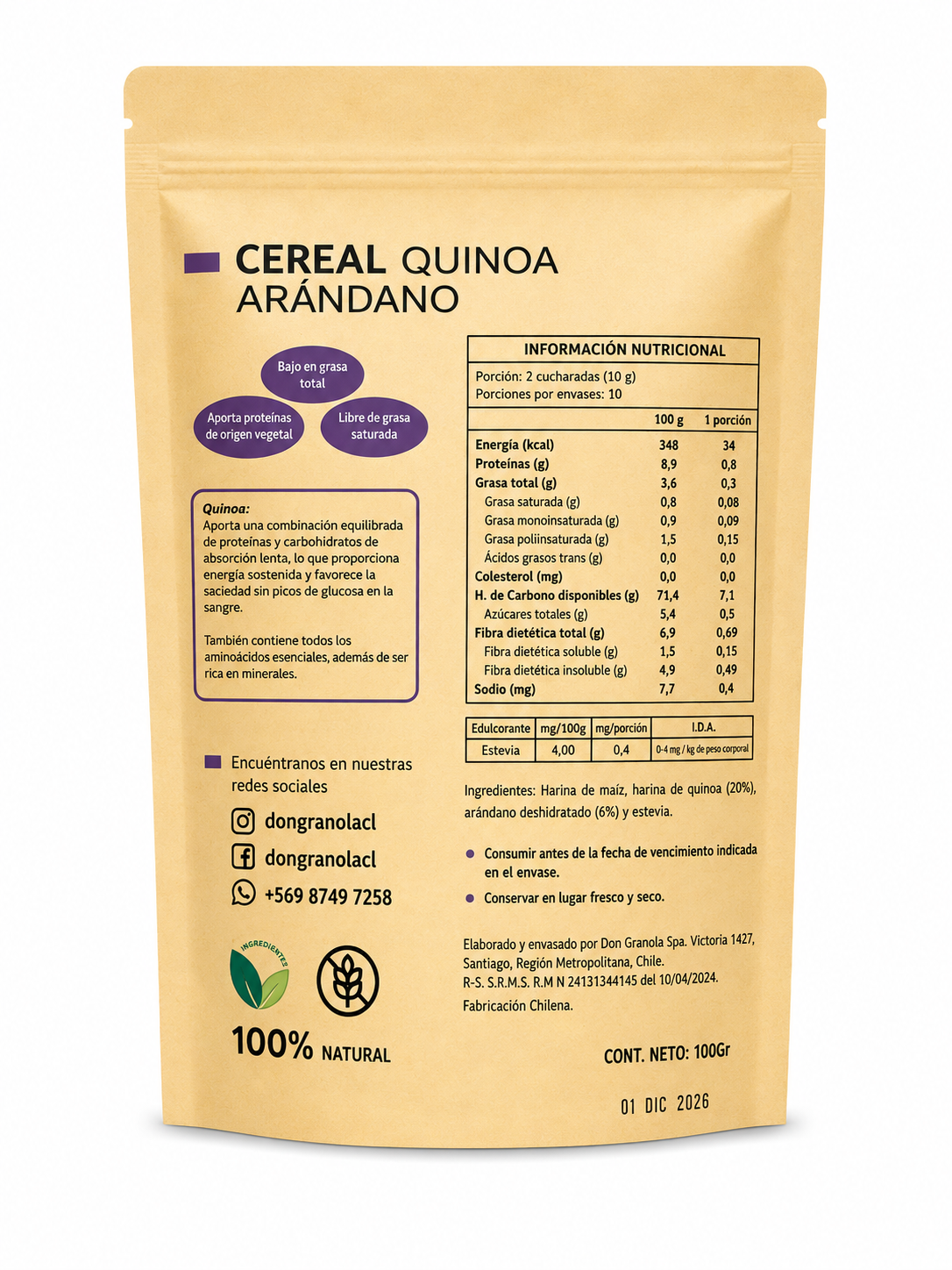 Cereal de Quínoa y Arándano 100 grs